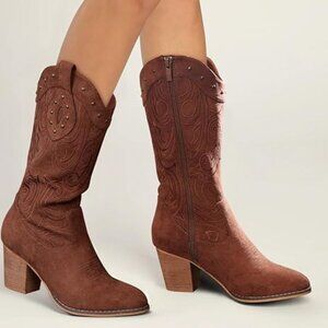 Women: Wide Calf Western Pointed Toe Chunky Heel Suede Embroidered Mid Calf Boot